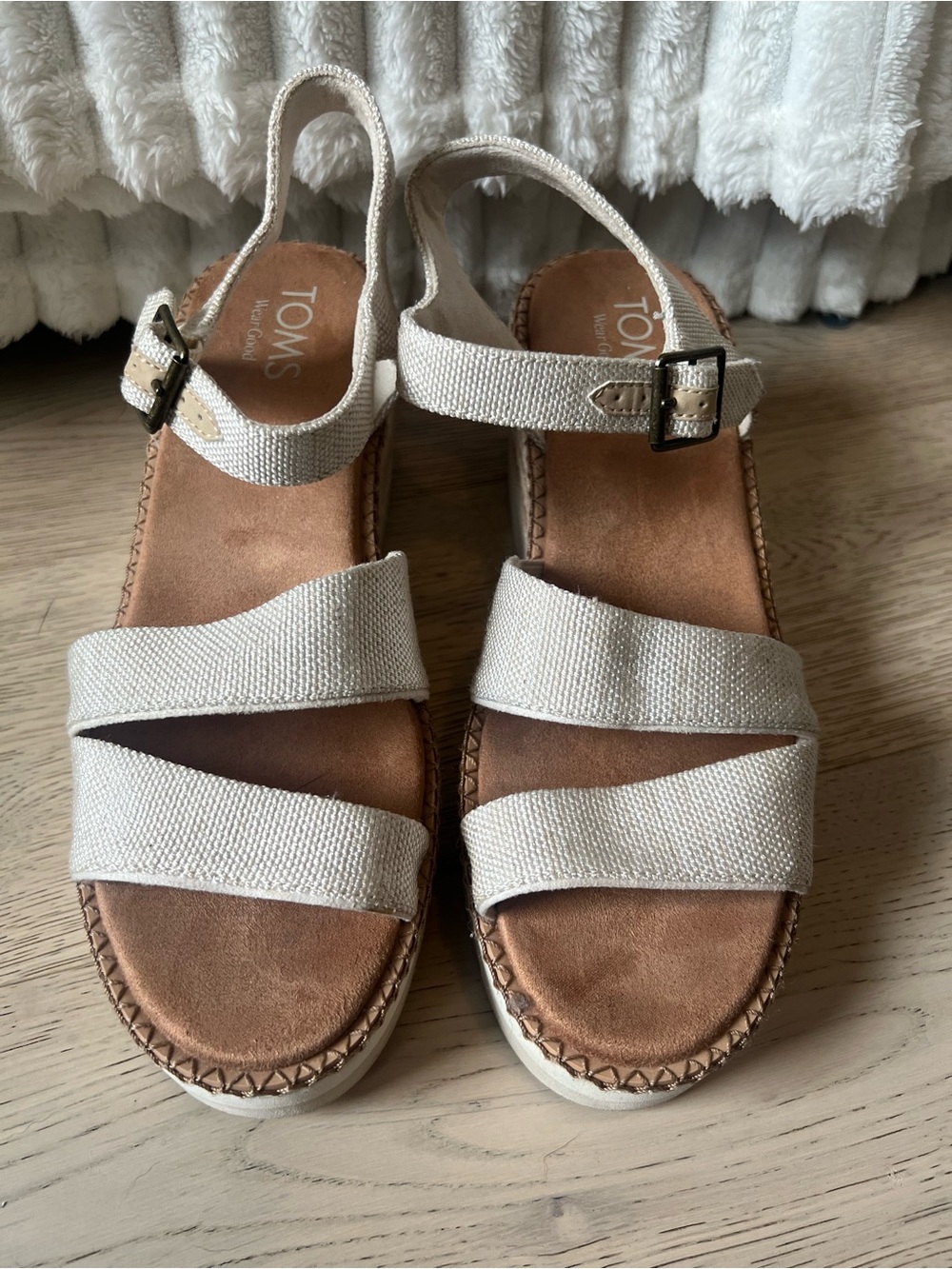 Toms Beige Canvas Strappy Sandals with Ankle Buckle